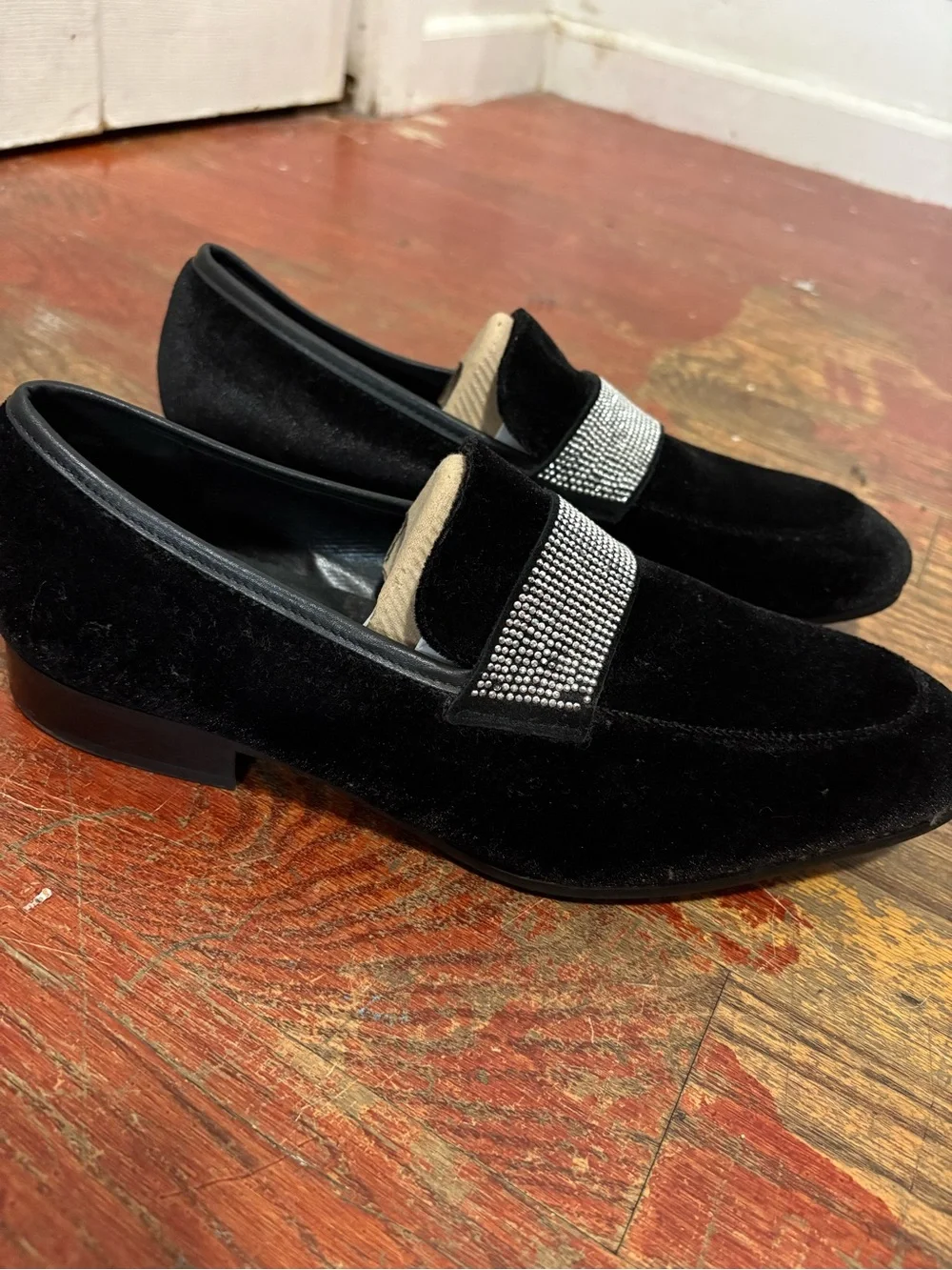 Aldo Black Velvet Loafers with Rhinestone Band